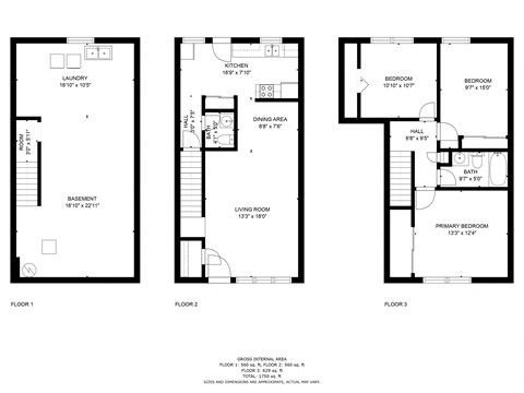 Floor plan for 3 beds, 1.5 baths, 1200 sqft